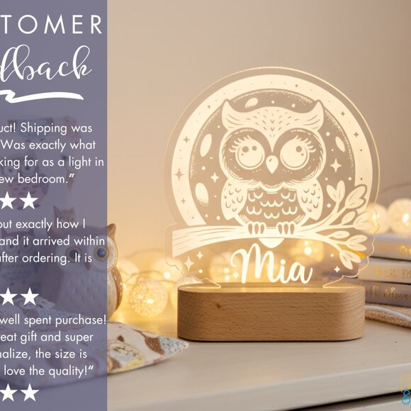 Custom Owl Night Light – Personalized Moon LED Bedroom Sign - Picture 7 of 8